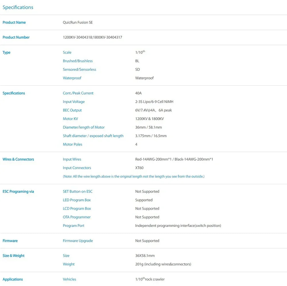 Hobbywing Quicrun Fusion Se 40a 1800kv 1200kv Combined Motor Esc For 1/10 1/8 Rc Model Car Crawler Accessories