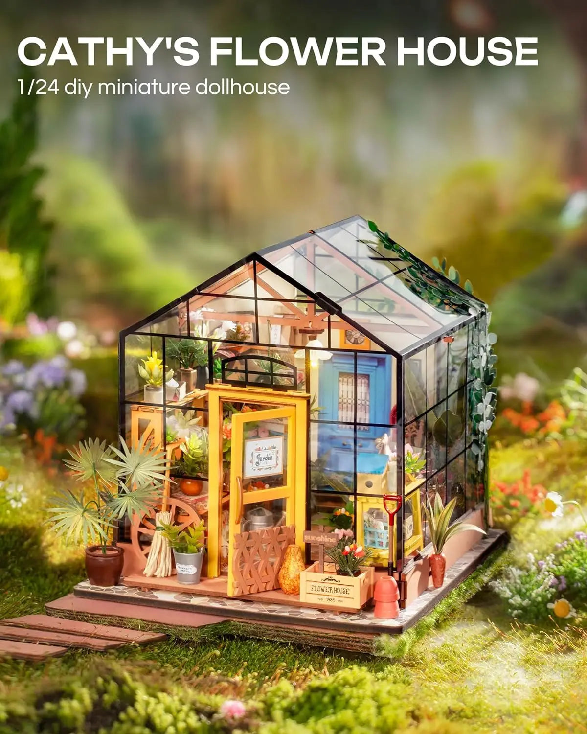 Robotime Mini Green House Cathy's Flower House DIY Dollhouse Wooden Miniature Furniture Kit with LED Best Birthday Gifts