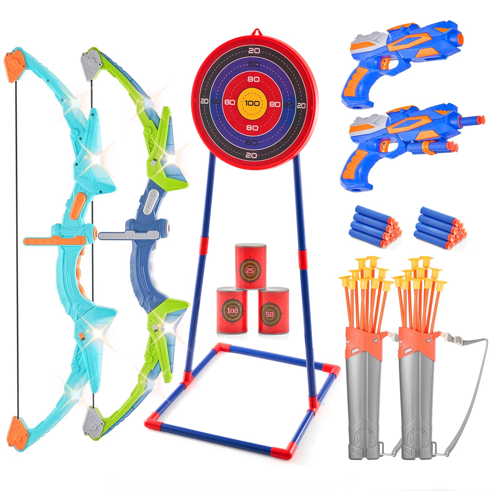 SucceBuy Bow and Arrow Set for Kids 2 Pack LED Archery Set with 20 Arrows 2 Guns Outdoor Toy for Children Boy & Girl 6+ Year Old