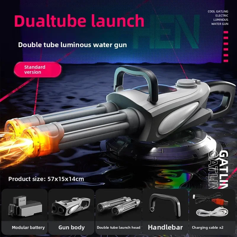 Electric Dual Muzzle Gatling Water Gun Toy with LIights Large Capacity Water Pistol Spray Blaster Pool Summer Toy for Kids Adult