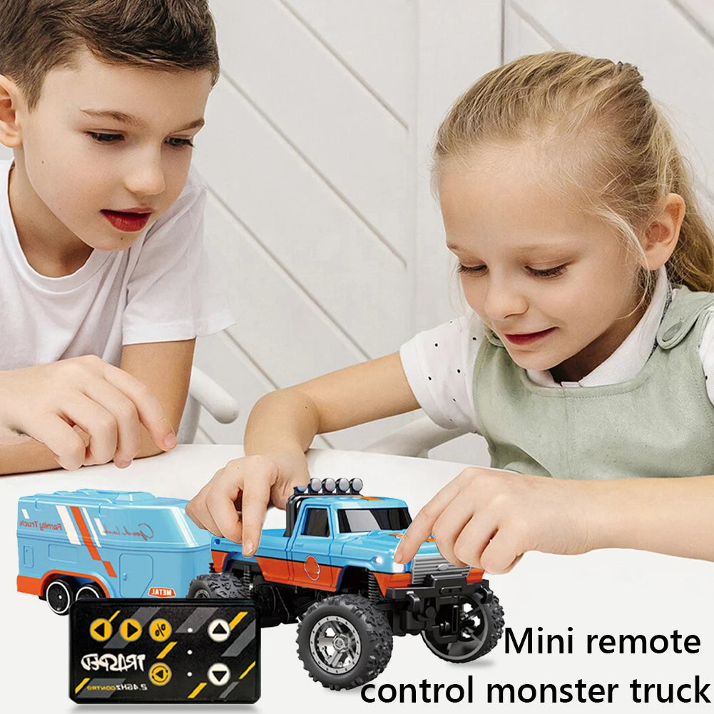 Mini RC Monster Truck with Lights & Trailer All Terrain Off-Road Truck Toy 1:64 Scale Adjustable Speed/Steering for Kids Gifts