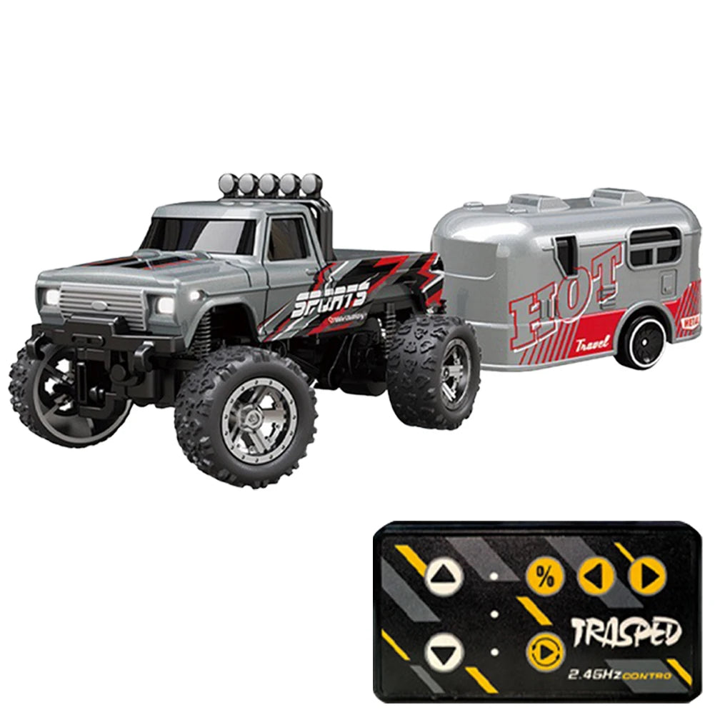 Mini RC Monster Truck with Lights & Trailer All Terrain Off-Road Truck Toy 1:64 Scale Adjustable Speed/Steering for Kids Gifts