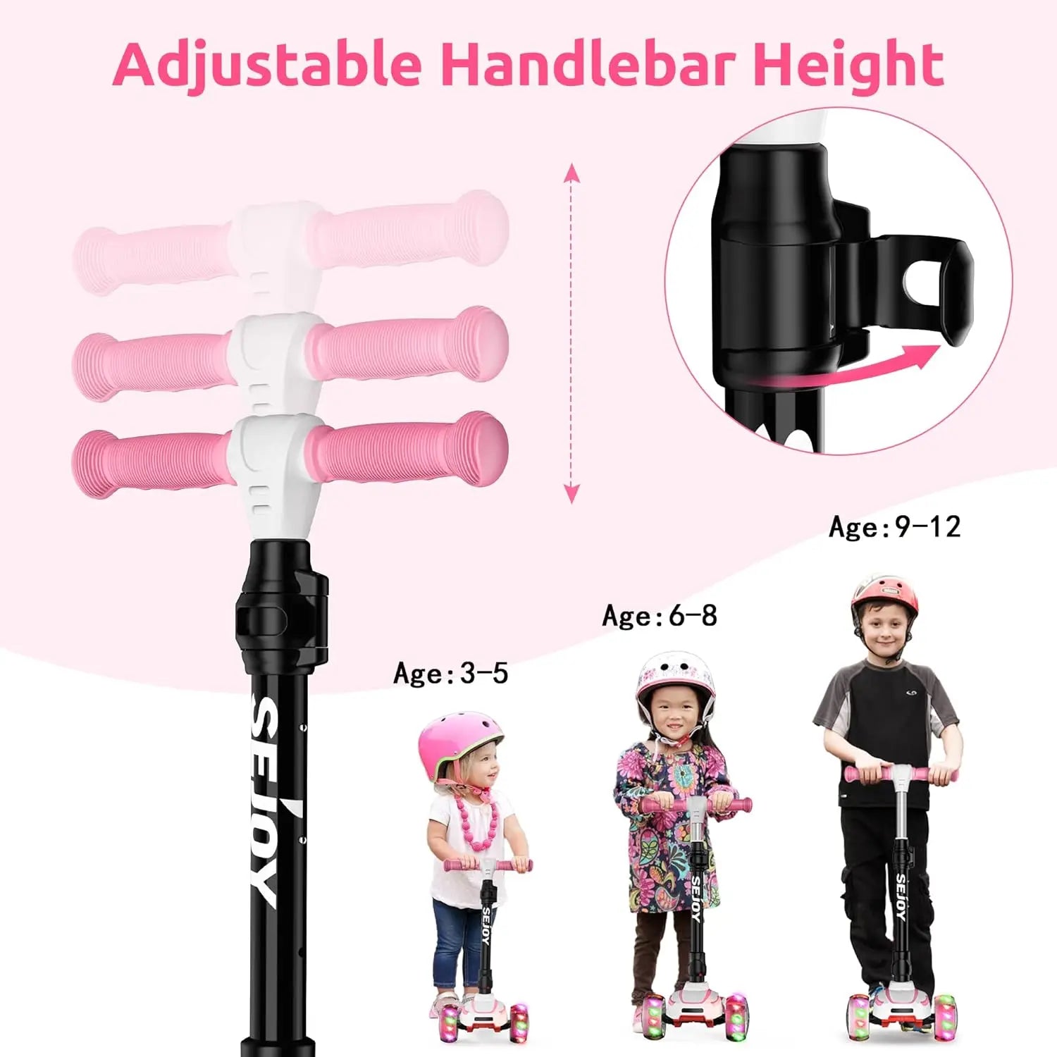 Sejoy Baby Scooter 2-8 Years with LED Wheels Adjustable Height Foldable Design & Dual Modes - Military-Grade Frame