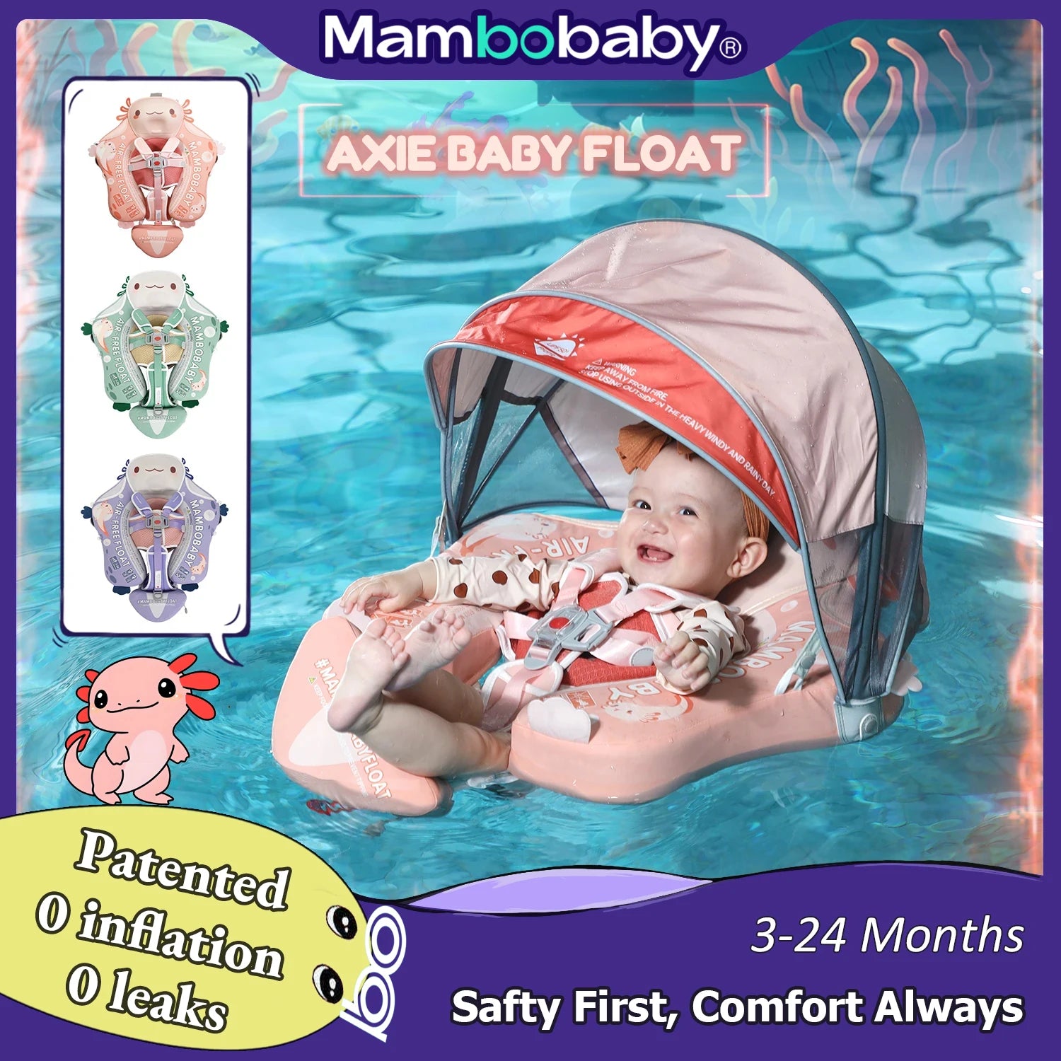 Mambobaby Float Axie Baby Pool Float: Safe & Comfortable Swim Trainer for Infant & Toddler, Non-Inflatable, UV Protection Canopy