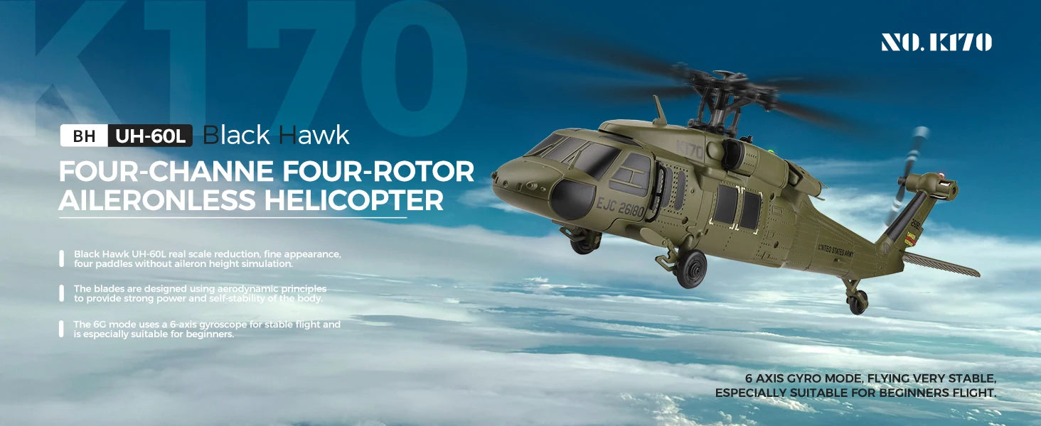 Wltoys K170 RC Helicopter UH-60L 4 Channel Remote Control brushless Helicopters with Gyro and LED Light Durable Airplane Toy