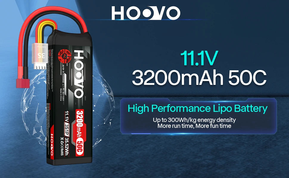 2Pcs HOOVO 3S 11.1V RC Lipo Battery 3200mAh 50C RC Battery with T Connector for RC Car RC Helicopter Airplane Quadcopter Models
