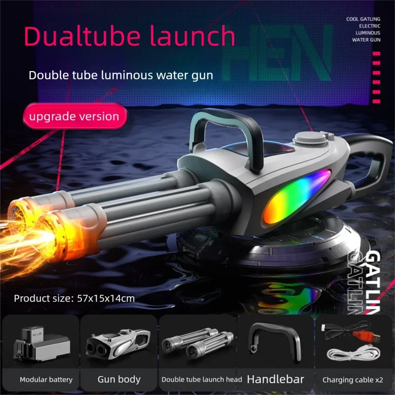Electric Dual Muzzle Gatling Water Gun Toy with LIights Large Capacity Water Pistol Spray Blaster Pool Summer Toy for Kids Adult