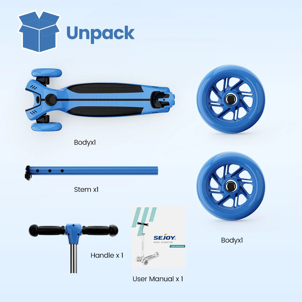 Sejoy Baby Scooter 2-8 Years with LED Wheels Adjustable Height Foldable Design & Dual Modes - Military-Grade Frame