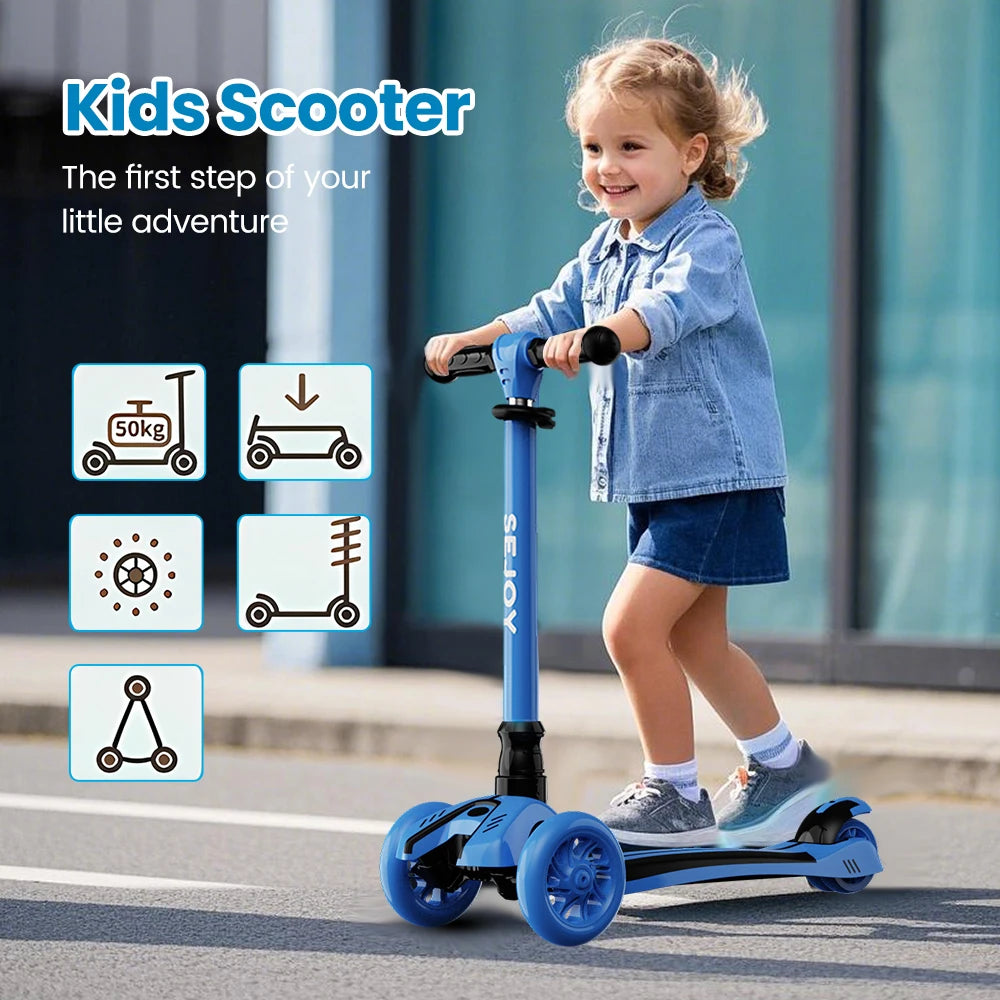 Sejoy Baby Scooter 2-8 Years with LED Wheels Adjustable Height Foldable Design & Dual Modes - Military-Grade Frame