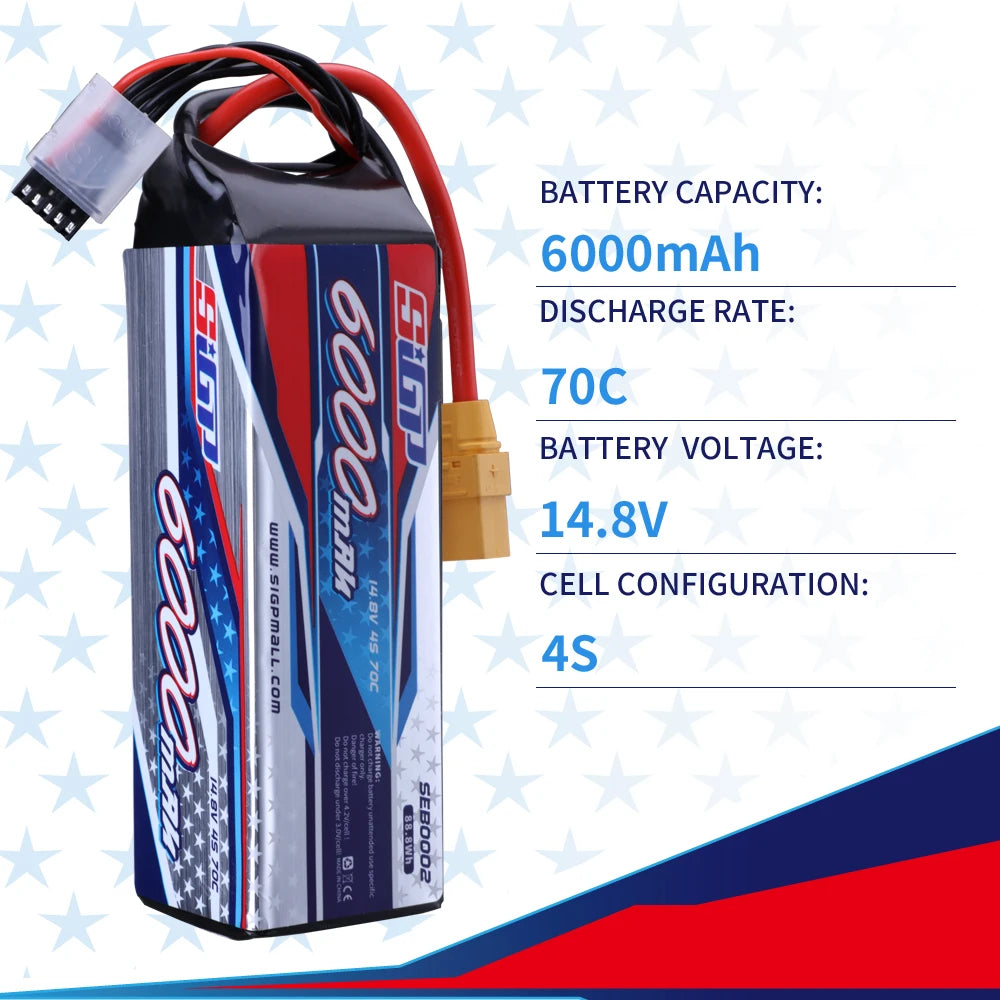SIGP 4S 14.8V Lipo Battery 6000mAh 7300mAh 70C Soft Pack With XT90 Connector For RC Truck Car Truggy Buggy Vehice Racing Hobby