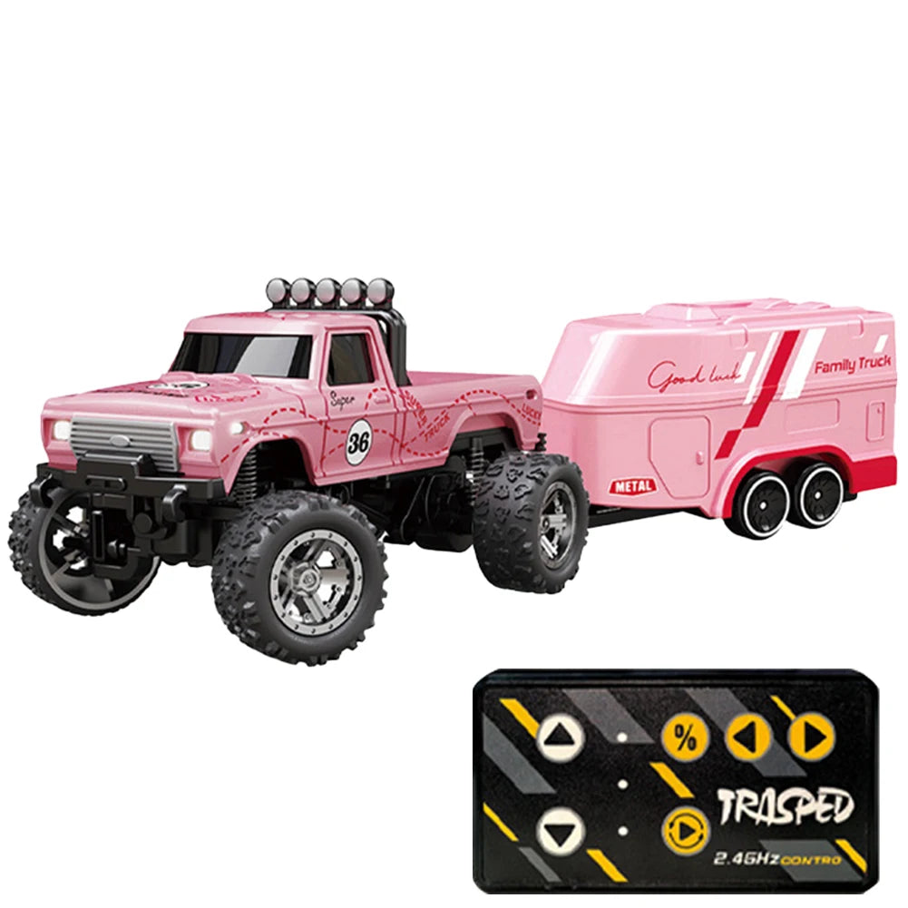 Mini RC Monster Truck with Lights & Trailer All Terrain Off-Road Truck Toy 1:64 Scale Adjustable Speed/Steering for Kids Gifts