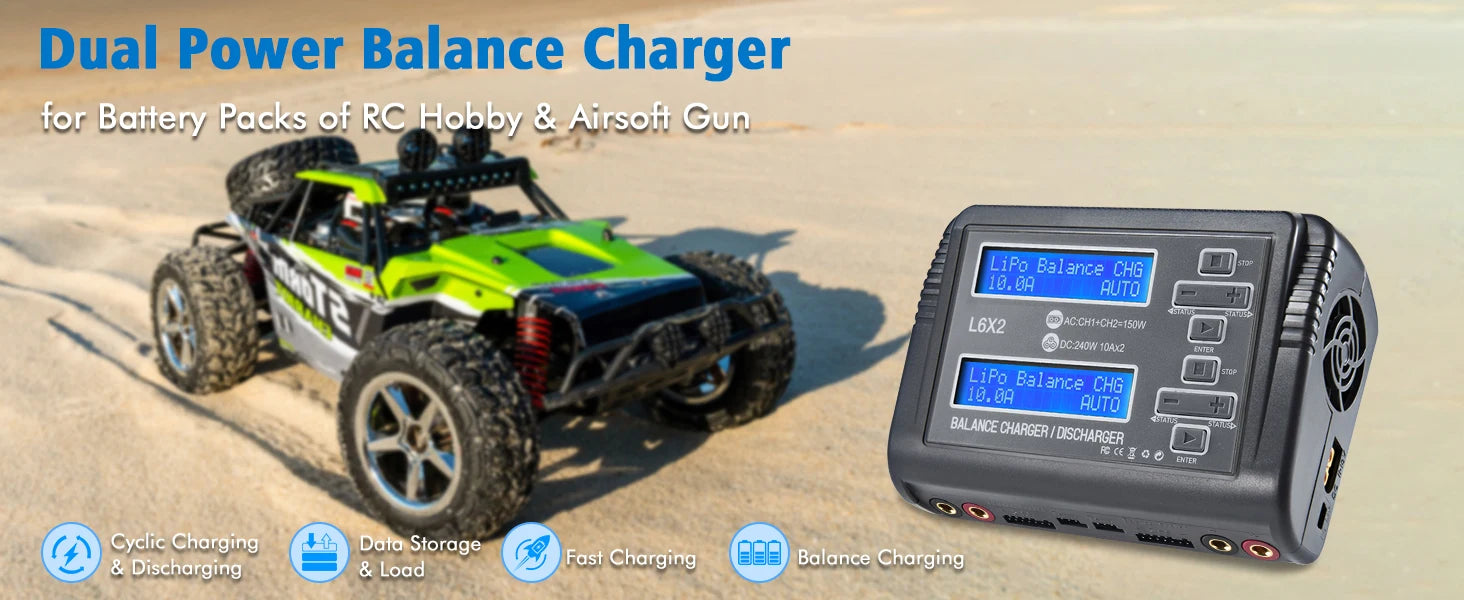 L6X2 LiPo Battery Charger Dual Channel 10A AC 150W DC 240W for 1-6S Li-ion LiFe NiCd NiMH LiHV PB Smart Battery Discharger