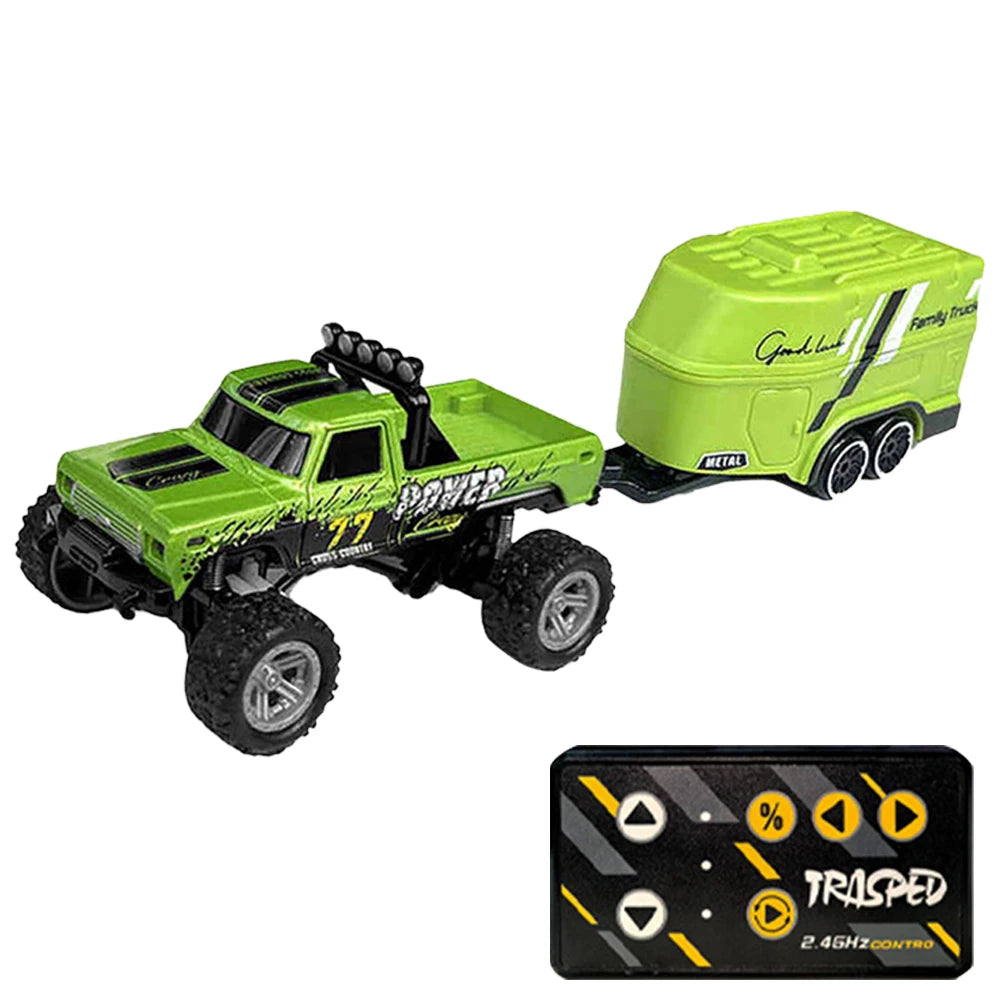 Mini RC Monster Truck with Lights & Trailer All Terrain Off-Road Truck Toy 1:64 Scale Adjustable Speed/Steering for Kids Gifts
