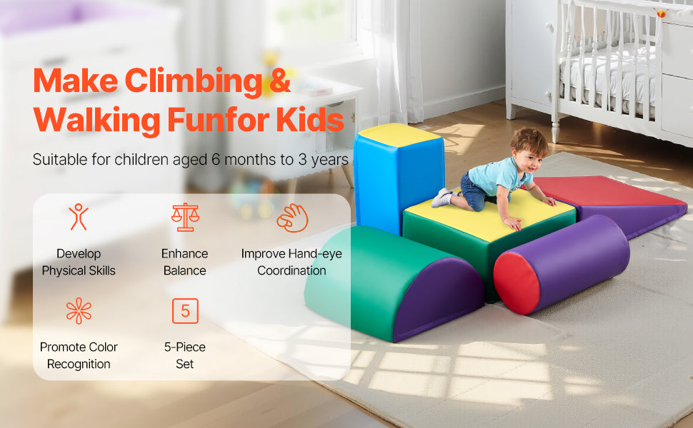 VEVOR 5Pcs Kid Foam Climbing Toys Activity Playset PU Leather Indoor Crawl Climbing Blocks for Children Crawling & Sliding