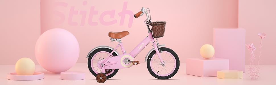 STITCH Retro 12/14/16/18 inch children's bike for 2-8-year-old girls, children's bike with front basket, support wheels