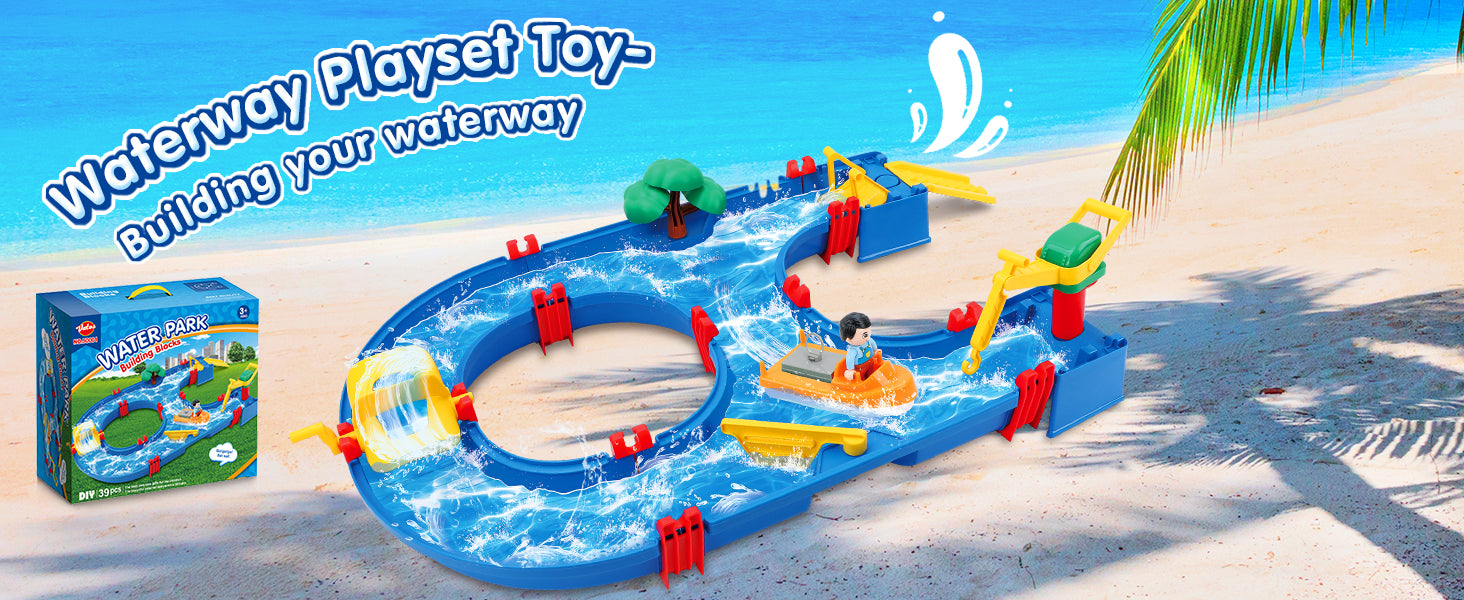 VATOS 39pcs DIY Mini Water Park Waterway Playset on Table or Lawn for Summer Outdoor Backyard Beach Toy Water Toys for Kids