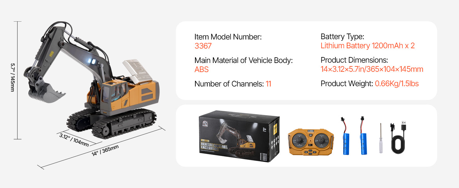 VEVOR 2.4G Rc Excavator 1:20 Scale with Lights & Sounds Construction Vehicles Remote Control Car Digger Toys for Kids Boys Gifts